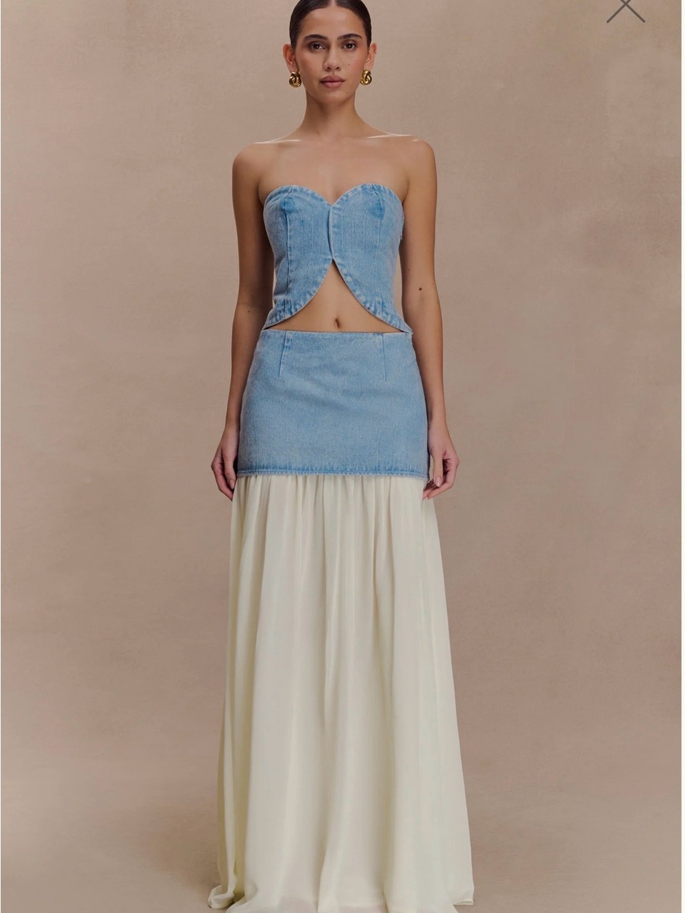 Meshki Light Blue Denim Corset Top with Cream Maxi Skirt - Picture 2 of 5